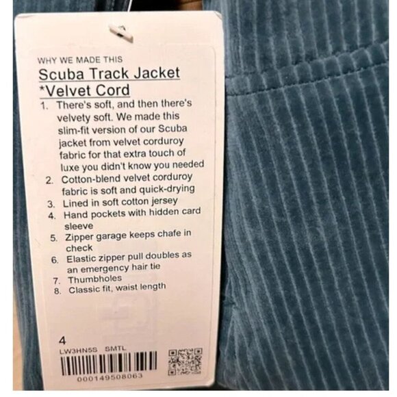 Lululemon Scuba Track Jacket (Velvet Cord) NWT | Size 4 | Storm Teal - Picture 4 of 15
